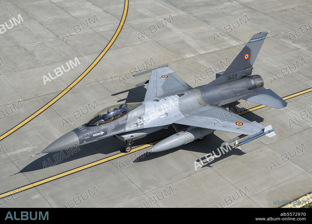 Romanian Air Force F-16AM Fighting Falcon, improved to mid-life upgrade (MLU) 5.2R standard, seen on the ramp at 86th Air Base, Borcea, Romania, home of the 53rd Fighter Squadron.