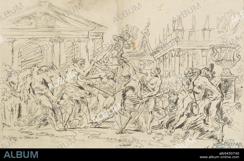 The satyr in the center with a penis socket is surrounded by dancing nymphs. A person behind him holds up a portrait of a man. In the background a classical building. Satyr with dancing nymphs Bacchanals , print maker: Anthonie de Winter, (mentioned on object), Raymond de Lafage, (mentioned on object), publisher: Anthonie de Winter, (mentioned on object), Noord-Nederland, 1668 - 1707, paper, etching, h 152 mm × w 239 mm.