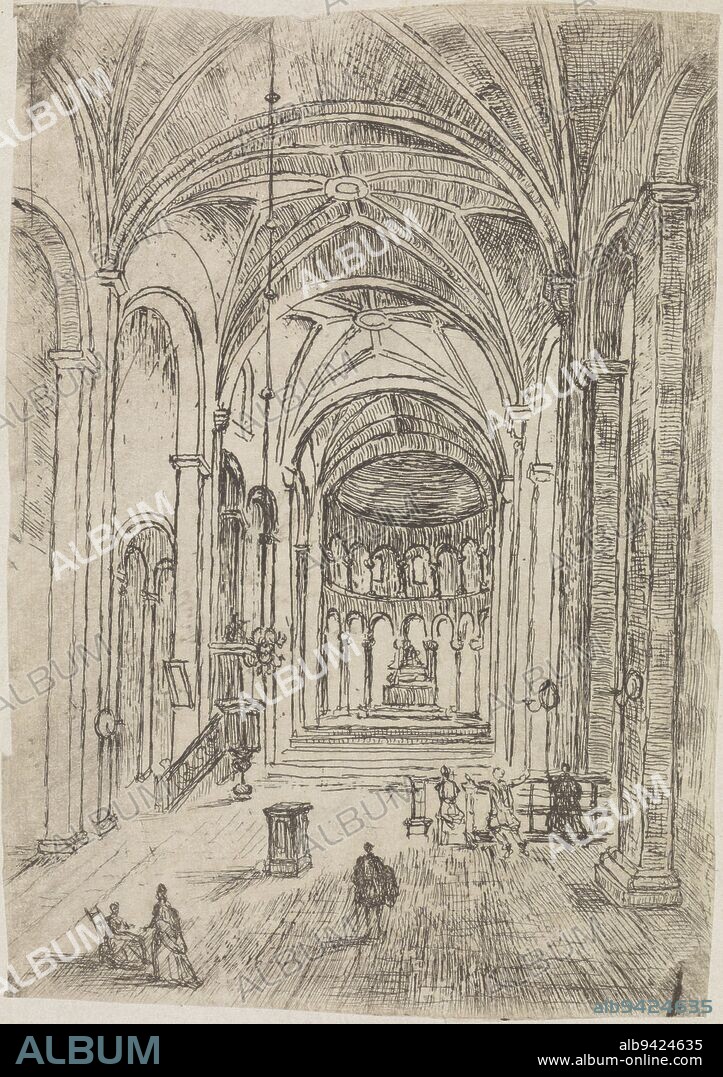 Interior of the Onze Lieve Vrouwe Basilica in Maastricht, Alexander Schaepkens, 1830 - 1899, Interior of the Onze Lieve Vrouwe Basilica on the Onze Lieve Vrouweplein in Maastricht., print maker: Alexander Schaepkens, 1830 - 1899, paper, etching, h 183 mm × w 132 mm.