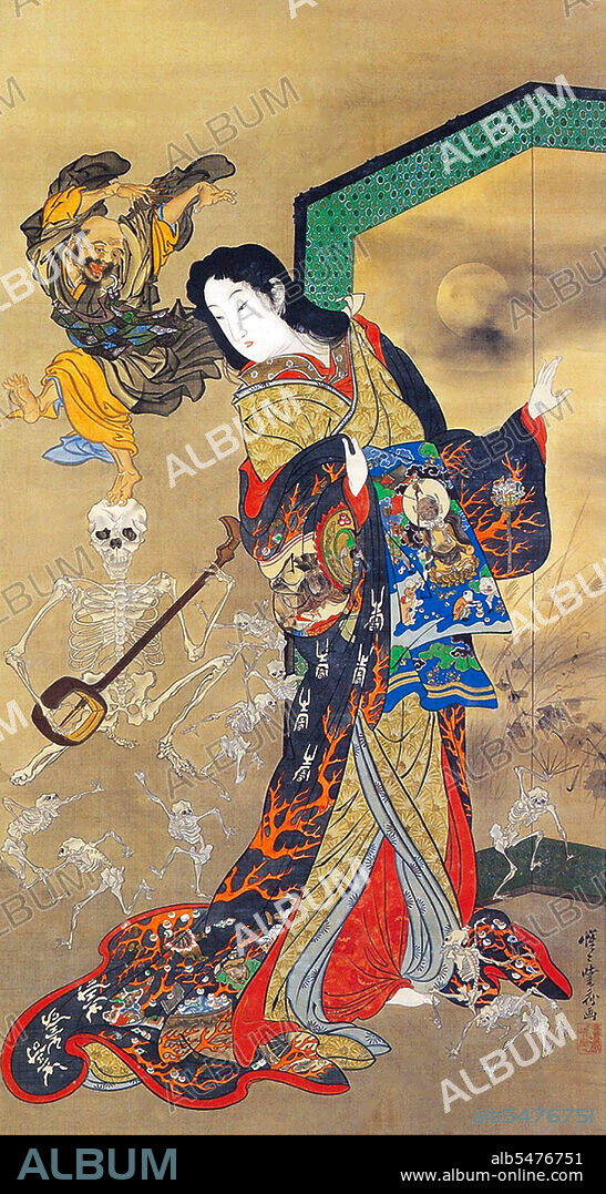 This print, by Kyi sai, depicts a variation of the Jigoku Dayu tale. One day, when the monk Ikkyu came to the brothel, he sat to enjoy a meal of fresh fish and sake, which are forbidden to Buddhist monks. Jigoku Dayu, with her sharp mind, assumed that this person was an imposter claiming to be the famous Ikkyu. She summoned entertainment for him, and hid behind her screen to watch him. When she looked, she saw Ikkyu happily dancing along with skeletons, and knew that he was who he said he was. This can be interpreted in a number of ways: Ikkyu is famous for reminding everyone of the inevitability of death with his skull-stick, and had commented often that under our skins which we so earnestly protect, is only a skeleton which will one day be all that is left of us.