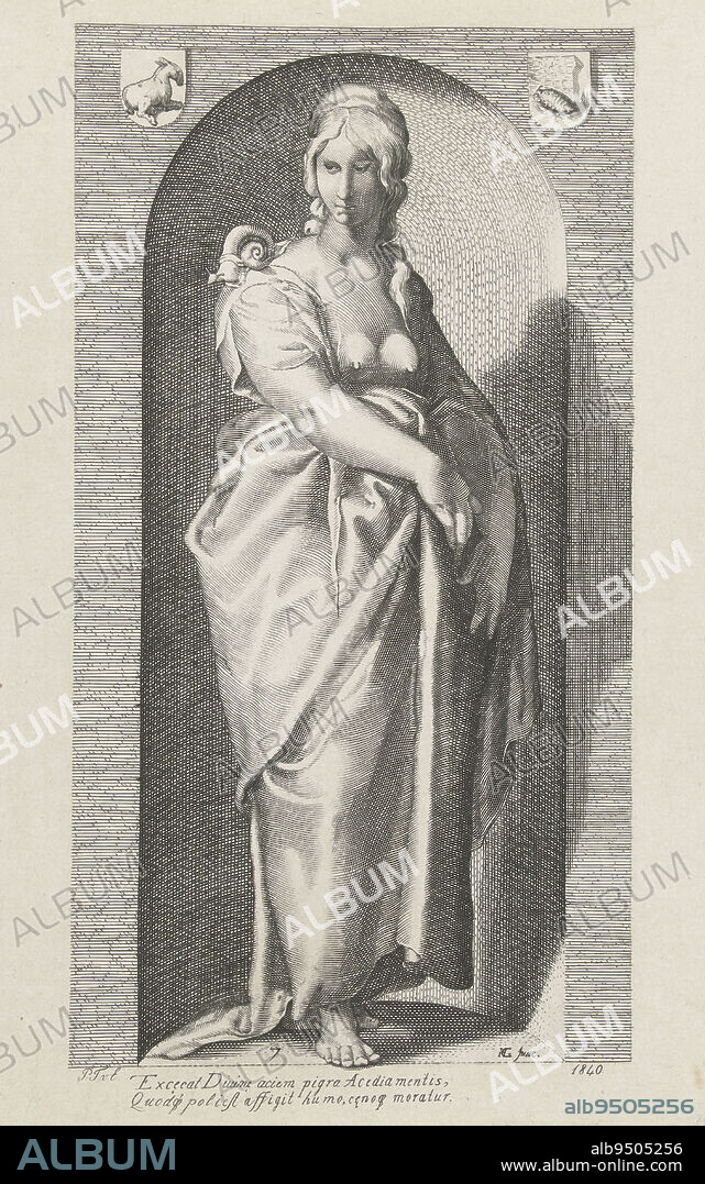 Female Personification of Laziness. In a niche stands a barefoot and bare-breasted woman. On her shoulder crawls a snail. Beside the niche two emblems, one with a donkey, the other with a woodlouse. Below the depiction two lines of Latin, Sloth, print maker: Paul Tetar van Elven, (mentioned on object), Jacob Matham, (after), Hendrick Goltzius, (after), print maker: Netherlands, Haarlem, Haarlem, 1840, paper, engraving, h 335 mm × w 229 mm.