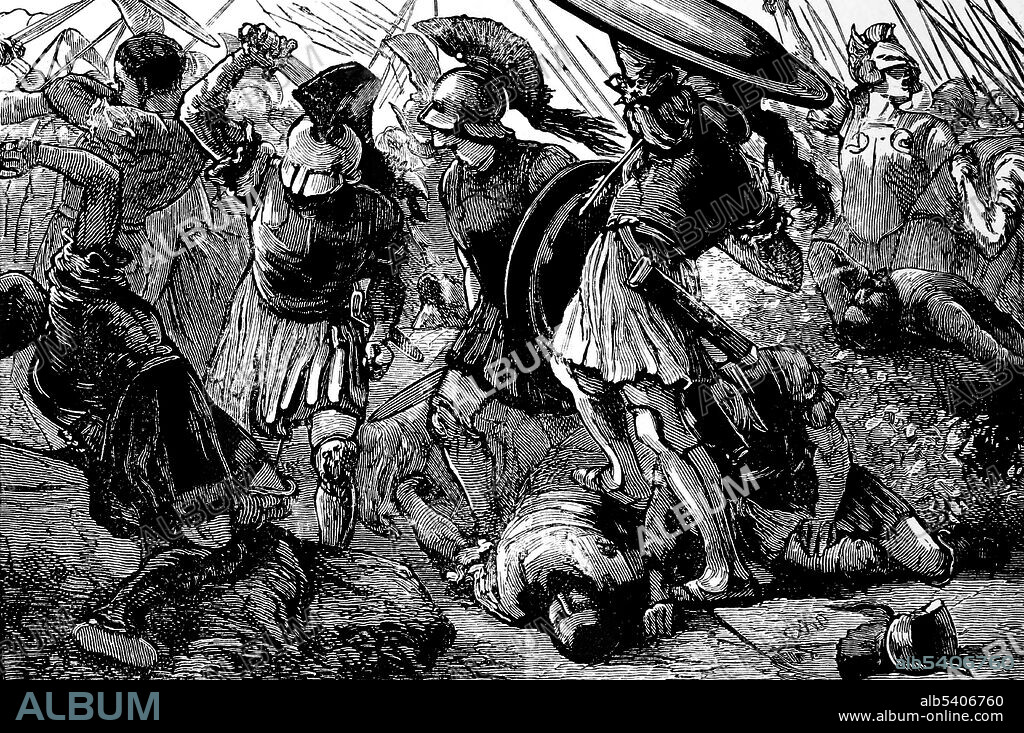 The Battle of Chaeronea was fought in 338 BC, near the city of Chaeronea in Boeotia, between the Macedonians led by Philip II of Macedon and an alliance of some of the Greek city-states led by Athens and Thebes. The battle was the culmination of Philip's final campaigns in 339-338 BC and resulted in a victory for the Macedonians. The battle has been described as one of the most decisive of the ancient world. The forces of Athens and Thebes were destroyed, and continued resistance was impossible; the war therefore came to an abrupt end. Cyclopedia of Universal History by John Clark Ridpath, 1890 (cropped and cleaned).
