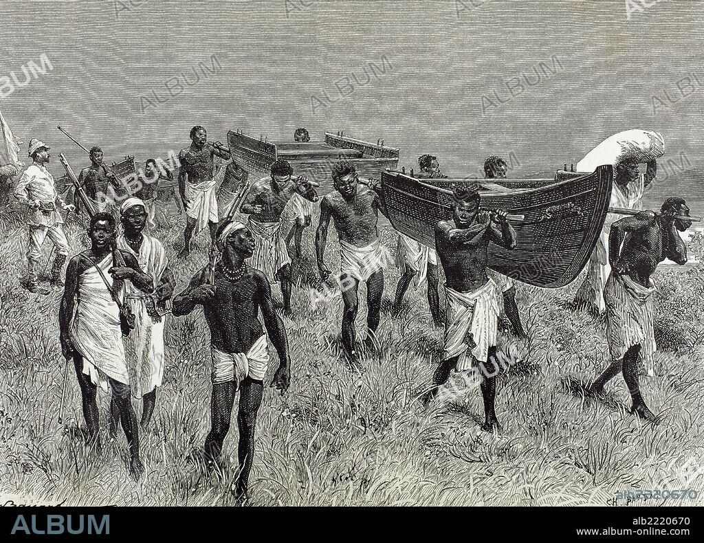 HISTORIA DE AFRICA. EXPLORACIONES. Henry Morton Stanley (1841-1904). Periodista y explorador inglés. Porteadores africanos transportando secciones del Lady Alice. Grabado de "El Mundo Ilustrado", 1880.