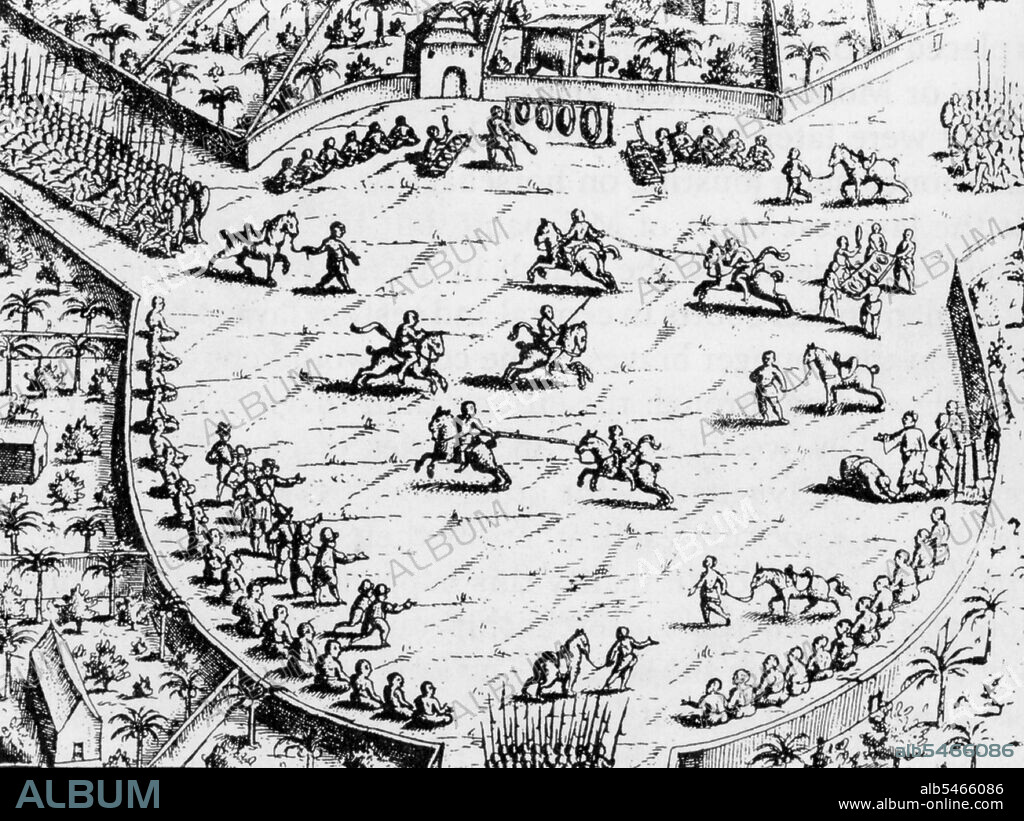 Senanan, meaning 'Monday', was a jousting competition held at the beginning of the week in many areas of Java. More of an equestrian parade and a show of horsemanship as opposed to a bloodsport, the events were held in the main square of the town with royal dignitaries or court officials in attendance. The Dutch East India Company, or VOC, was a chartered company granted a monopoly by the Dutch government to carry out colonial activities in Asia. It was the first multinational corporation in the world and the first company to issue stock. It was also arguably the world's first megacorporation, possessing quasi-governmental powers, including the ability to wage war, imprison and execute convicts, negotiate treaties, coin money and establish colonies. The VOC was set up in 1602 to gain a foothold in the East Indies (Indonesia) for the Dutch in the lucrative spice trade, which until that point was dominated by the Portuguese. Between 1602 and 1796, the VOC sent almost a million Europeans to work in the Asia trade on 4,785 ships, and netted more than 2.5 million tons of Asian trade goods.