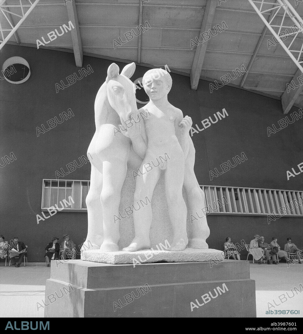 'Boy and Foal', sculpture by David McFall, Festival of Britain site, South Bank, Lambeth, London, 1951.