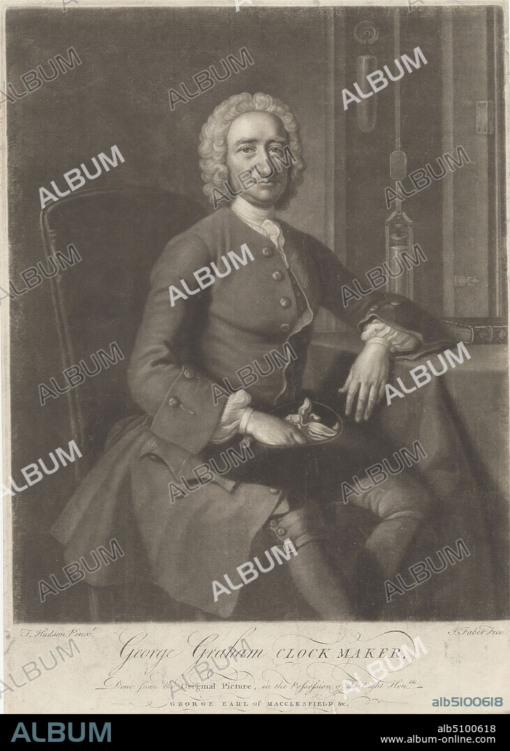 George Graham, Clockmaker, John Faber the Younger, ca. 16951756, Netherlandish, active in Britain, after Thomas Hudson, 17011779, British, undated, Mezzotint on moderately thick, moderately textured, cream laid paper, pasted on moderately thick, moderately textured, gray-blue Asian paper, Sheet: 14 1/4 x 10 3/16 inches (36.2 x 25.8 cm), Plate: 13 15/16 x 9 7/8 inches (35.4 x 25.1 cm), and Image: 12 1/8 x 9 13/16 inches (30.8 x 24.9 cm), book, breeches (trousers), chair, clock case, clockmaker, cravat, frock coat, gloves, hat, man, pendulum, portrait, smiling, table, wig.