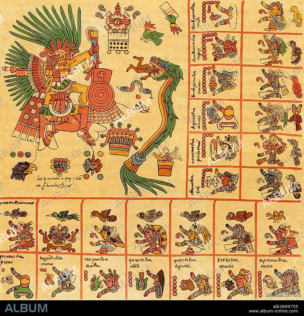 Aztex calendar from the Codex Borbonicus written by Aztec priests shortly before or after the Spanish conquest of Mexico. Codex Borbonicus is one of the most intricate surviving divinatory calendars (or tonalamatl). Each page represents one of the 20 trecena (or 13 day periods), in the tonalpohualli (or 260 day year). Most of the page is taken up with a painting of the ruling deity or deities, with the remainder taken up with the 13 day signs of the trecena and 13 other glyphs and deities. With these 26 symbols, the priests were able to create horoscopes and divine the future. The first 18 pages of the codex (all that remain of the original 20) show considerably more wear than the last sections, very likely indicating that these pages were consulted more often. Originally captioned: This Trecena 14 was governed by Xipe Totec and Quetzalcoatl. Each day panel has a Lord of the Day, a Lord of the Night, and an augural bird.