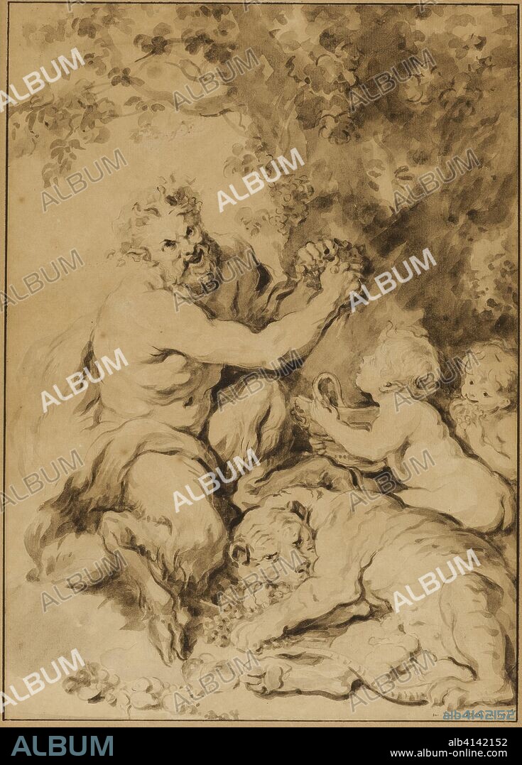 JEAN-HONORE FRAGONARD. Satyr Pressing Grapes Beside a Tiger. Jean Honoré Fragonard (French, 1732-1806); after Peter Paul Rubens (Flemish, 1577-1640). Date: 1774. Dimensions: 345 × 246 mm. Brush and brown ink, and brown wash, heightened with traces of white gouache, over graphite, on tan laid paper, laid down on cream laid card. Origin: France.