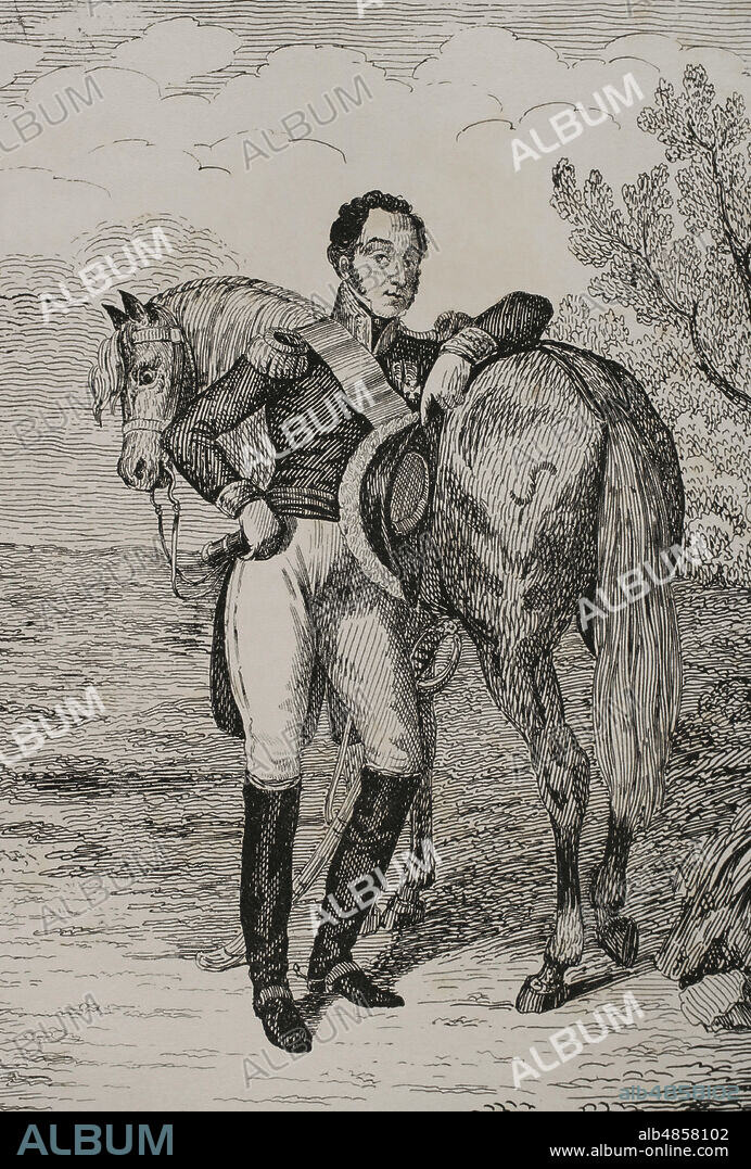 Louis Gabriel Suchet (1770-1826). Militar y político francés. Mariscal del Primer Imperio, duque de la Albufera. Retrato. Ilustración por Francisco Pérez. Litografía de Julio Donón. Historia del Levantamiento, Guerra y Revolución de España, por el Conde de Toreno. Madrid,1851.