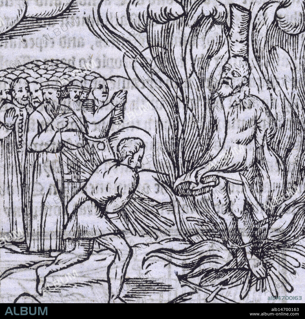 The burning of George Wishart, 1546 (1577). Scottish religious reformer Wishart (1513-1546) is burned at the stake for preaching the Reformation doctrine. A man adds fuel to the fire, others watch and pray. From "...The description and chronicles of Scotland, ... till the yeare 1571" by Raphael Holinshed (London, 1577).