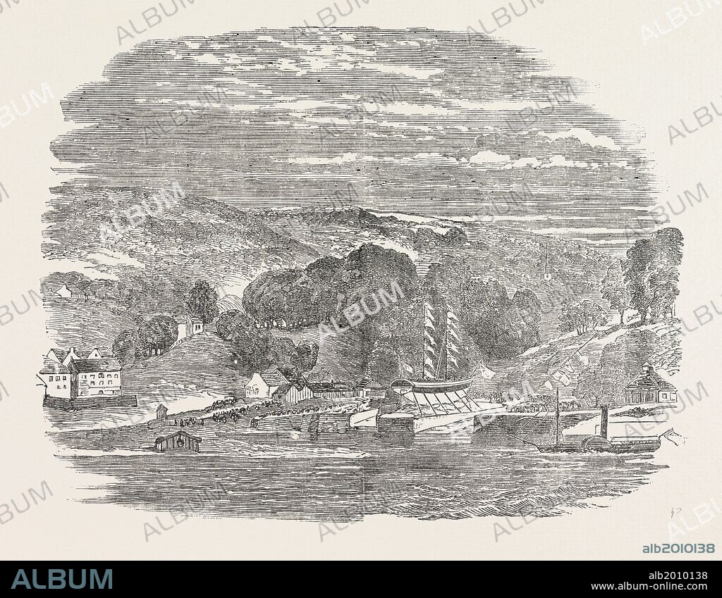 LAUNCH OF THE ALLEN GARDINER MISSION VESSEL, 1854. She is a fine schooner of 11 tons, built expressly for a stormy sea and rocky coast; and is intended for a Christian mission to the aboriginal natives of South America, under the direction of the Patagonian Missionary Society.