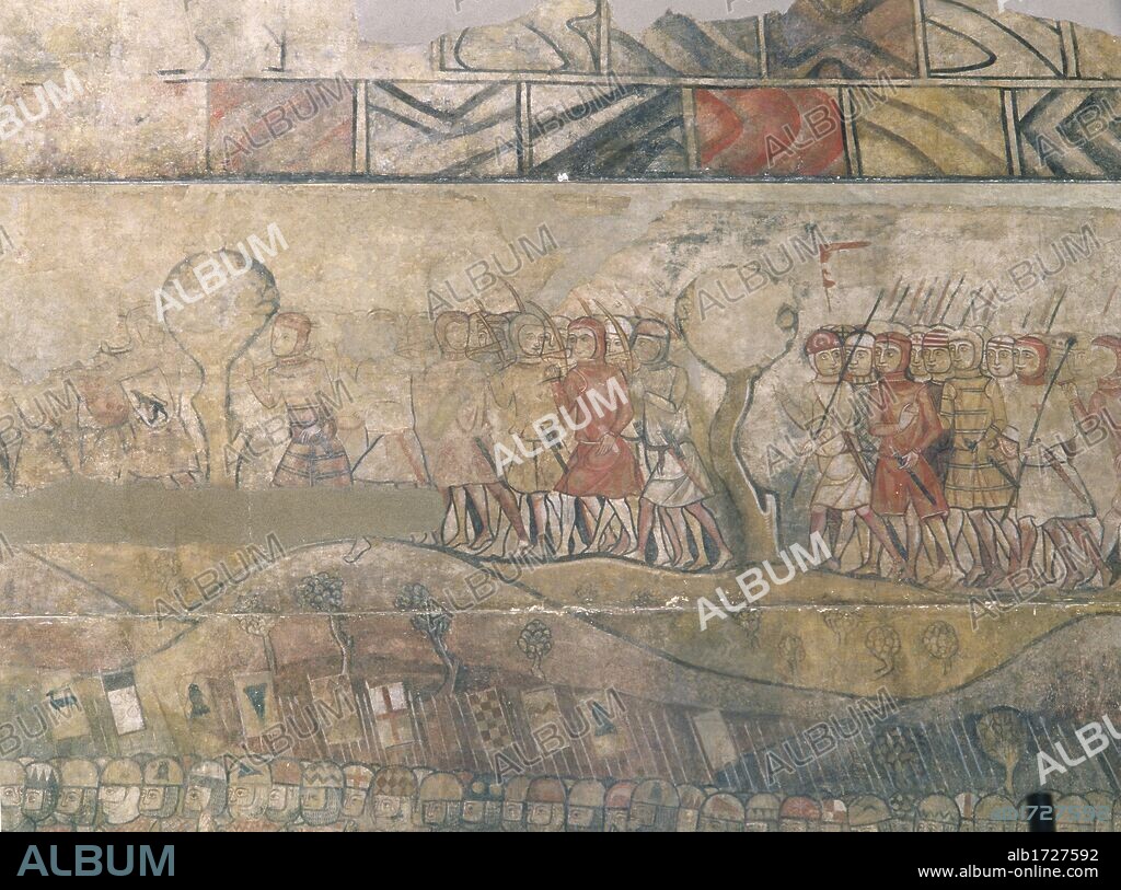 ARTE GOTICO. ESPAÑA. SALA MAJOR (MAYOR) o SALO DEL TINELL (SALON DEL TINELO). Con unas dimensiones de 17 x 33,5 m., con la Capilla de las Reinas, su construcción fue ordenada por el rey Pedro III entre 1359-1362. Pinturas murales que representan LOS SOLDADOS DEL EJERCITO DEL REY JAIME I. Antiguo Palacio Real Mayor. BARCELONA. Cataluña.