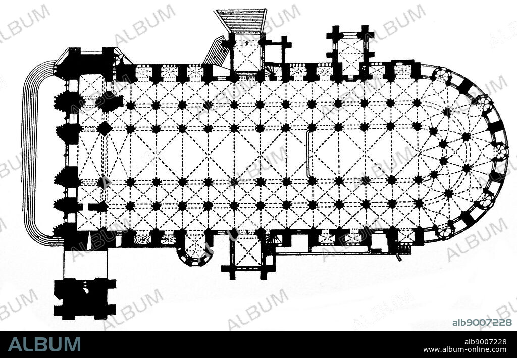 Bourges Cathedral Floor Plan. Bourges Cathedral is a Roman Catholic cathedral, dedicated to Saint Stephen, located in Bourges, France. It is the seat of the Archbishop of Bourges. Dated 13th Century.