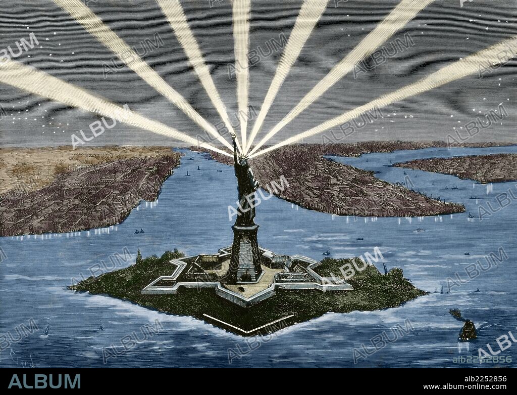 ESTADOS UNIDOS. NUEVA YORK. Estatua de la Libertad. Inagurada en 1886. Escultura de Frederic Auguste Bertholdi. Grabado por Capuz. "La Ilustración Española y Americana", 1875. Coloreado.