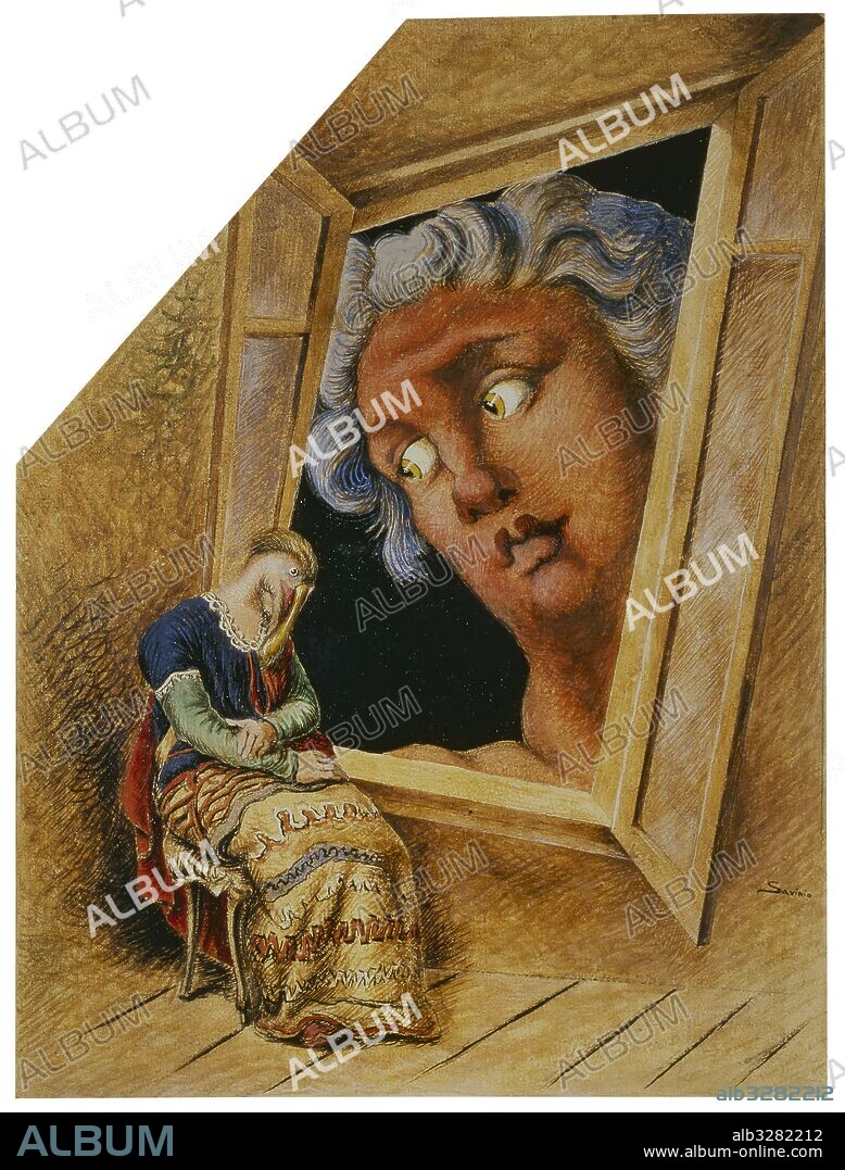 Annunciation (Annunciazione), by Andrea Francesco Alberto de Chirico known as Alberto Savinio, 1932, 20th Century, watercolor and tempera on paper. Italy, Lombardy, Milan, Museo del Novecento. Whole artwork view. Pentagonal canvas with the huge face of the archangel Gabriel appearing to Mary, sitting and typified by a pelican face.