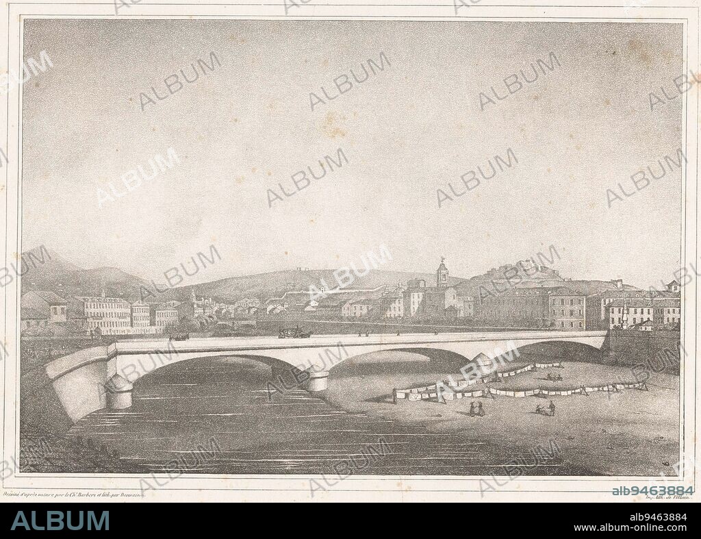 View of the Pont Neuf in Nice Vue des quais et du Pont Neuf a Nice Memories of Nice and its coast Souvenir de la ville de Nice maritime et de ses environs , print maker: Émilien Desmaisons, (mentioned on object), intermediary draughtsman: Paul-Émile Barberi, (mentioned on object), printer: François Jean Villain, (mentioned on object), printer: Paris, publisher: Nice, 1834, paper, h 273 mm × w 364 mm.