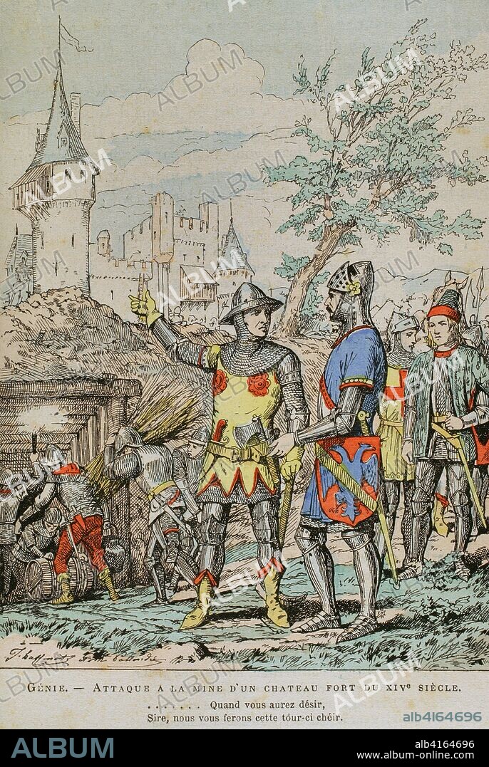 Edad Media. Ingeniero. Ataque a la mina de un castillo fortificado del siglo XIV. Ilustración a color de la "Armeé Française, Nos Soldats" (Ejército Francés, Nuestros Soldados). Autor, Eugene Hennebert (1826-1896). París, h. 1890. Ilustración firmada por Hussenot y Pallandre. Biblioteca Histórico Militar de Barcelona, Cataluña, España.