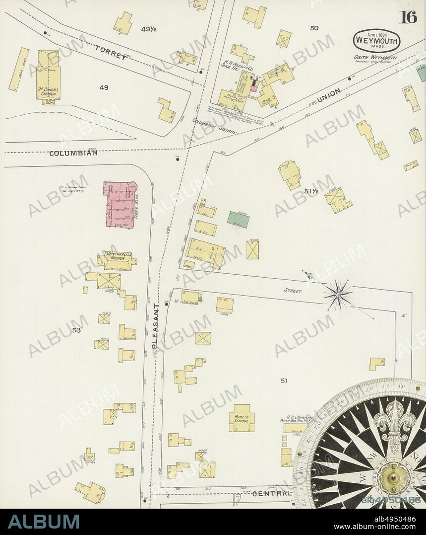Image 16 of Sanborn Fire Insurance Map from Weymouth, Norfolk County, Massachusetts. Apr 1894. 18 Sheet(s), America, street map with a Nineteenth Century compass.