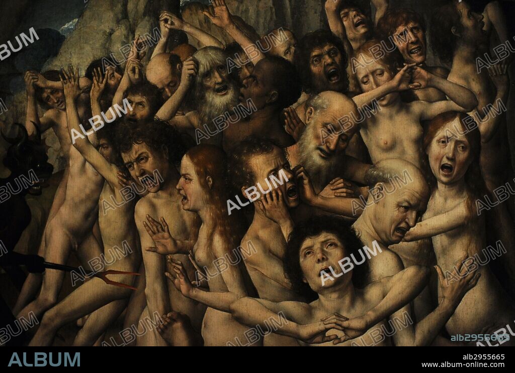 Arte Gótico. Hans Memling (1423/1443-1494). Pintor flamenco de origen alemán, activo en Brujas, Bélgica. Tríptico del Juicio Final. Detalle de la derecha, los condenados al infierno. Oleo sobre tabla. Pintado entre 1466-1473. Museo Nacional. Gdansk. Polonia. Europa.