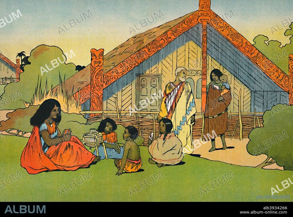 'The Maori's Home', 1912. A wharenui is a communal house of the Maori people of New Zealand. From More About The Empire by Alice Talwin Morris. [Blackie and Son Limited, London, Glasgow and Bombay, 1912].