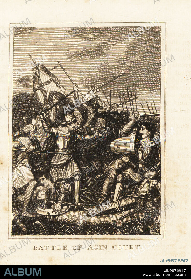 The English army under King Henry V defeating the larger French army at The Battle of Agincourt, 1415. Knights in heavy armour battle with swords, spears and shields. Battle of Agin Court. Copperplate engraving from M. A. Jones History of England from Julius Caesar to George IV, G. Virtue, 26 Ivy Lane, London, 1836.