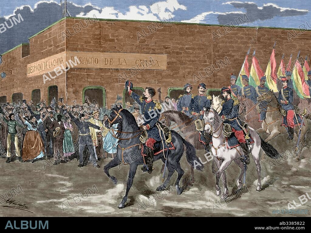 Guerra del Pacífico o Guerra del Guano o Salitre. Conflicto que enfrentó a Chile contra sus aliados Bolivia y Perú. Se desarrolló en el Pacífico y desierto de Atacama, 1879-1883. "Peru: Entrada en Iquique del general D. Hilarion Daza (1840-1894), presidente de la Republica de Bolivia, 17 de julio de 1879. Grabado por Rico. La Ilustración Española y Americana. Año 1879. Coloreado.