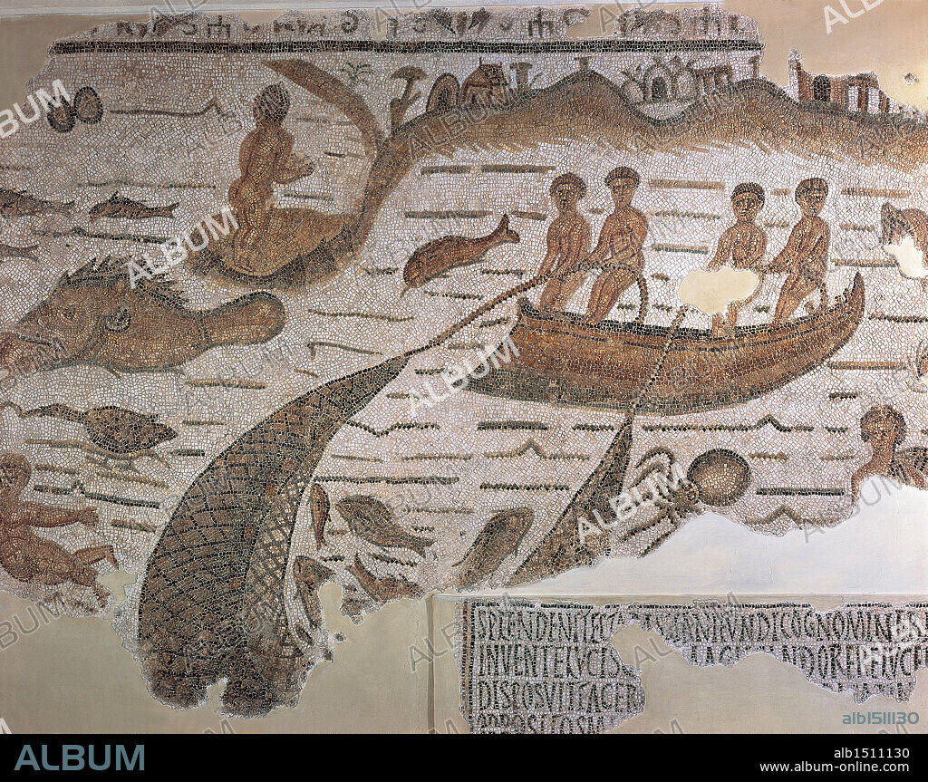 Roman civilization, 3rd century A.D. Mosaic depicting net fishing and octopus fishing. From Sidi Abdakkah, Tunisia.