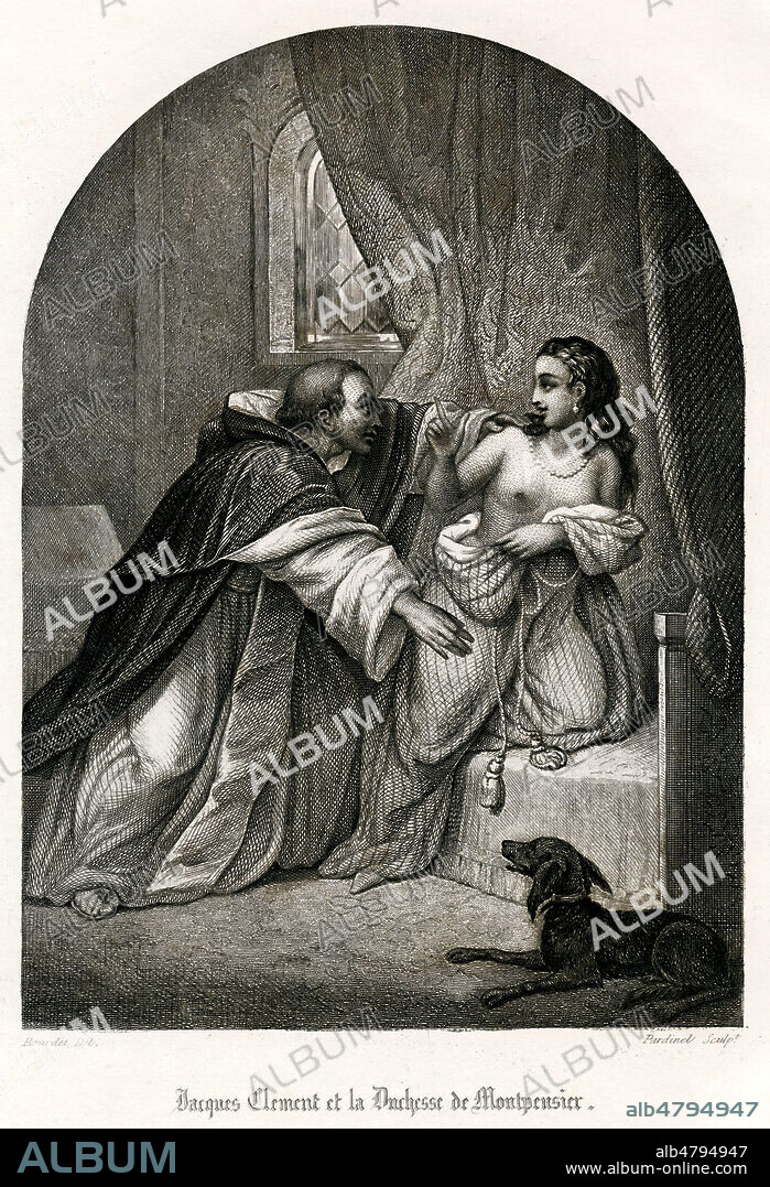 Jacques CLEMENT (1569-1589) et la duchesse de MONTPENSIER se donnant a lui contre la mort du roi HENRI III. Illustration de 1844 par MARKL pour Histoire de la Bastille par A. ARNOULD, ALBOIZE du PUJOL et Auguste MAQUET. Credit : Collection Jonas/Kharbine-Tapabor.