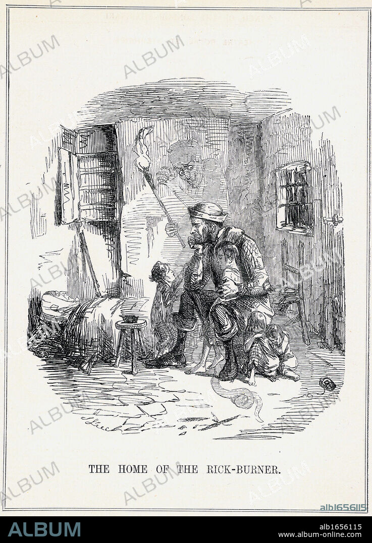 The Home of the Rick-Burner': Cartoon by John Leech from 'Punch', London, February 1844, showing the poverty-stricken living conditions of the agricultural labourer. Low wages and fear of unemployment due to introduction of farm machinery forced men to turn to rick burning and machine breaking.