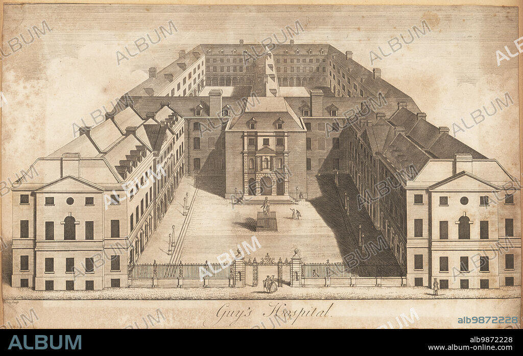 Bird's eye view of Guy's Hospital, Southwark, London, 1730s. Second stage of the hospital building with new wings to the north and statue of Thomas Guy in courtyard. Copperplate engraving by Benjamin Cole after a drawing by Robert West, London, 1756.
