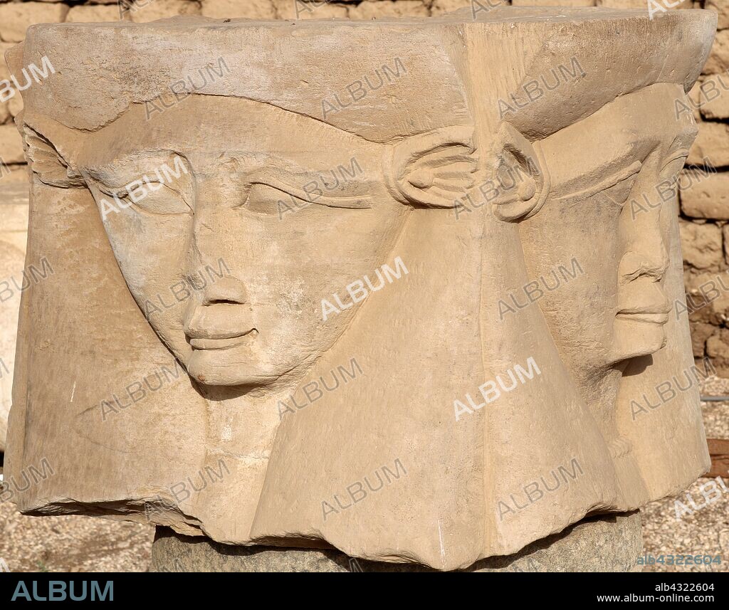 The Egyptian Goddess Hathor, capital from a column at the Temple of Hathor, Dendera, Egypt. The Hathor temple (Temple of Tentyra) has been modified on the same site starting as far back as the Middle Kingdom, and continuing right up until the time of the Roman emperor Trajan. The existing structure was built no later than the late Ptolemaic period. The temple, dedicated to Hathor, is one of the best preserved temples in all Egypt.