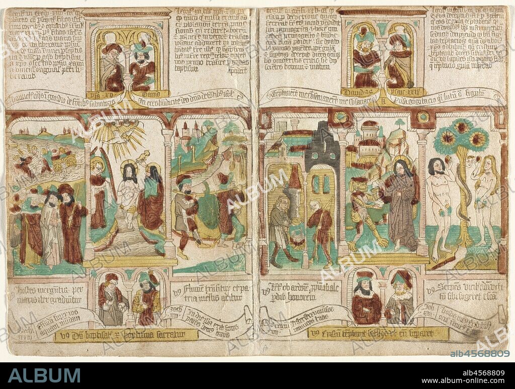The Bible of the Poor (Biblia Pauperum), Pharaoh's Army Drowned in the Red Sea; Baptism of Christ; and Moses Spies Returning with Grapes from Canaan Esau Selling Jacob his Birthright; Temptation of Christ; and Temptation of Adam and Eve, 1450-1465. Blockbooks, in which images and text are carved from a single woodblock, were the earliest form of printed text in Europe, preceding the invention of moveable type. The  Biblia Pauperum  is an early blockbook bible that served as a handbook for poor clerics and friars in northern Europe. The folios here feature a New Testament scene flanked by two from the Old Testament. The page to the left depicts the baptism of Christ centered between Pharoah?s drowned army in the Red Sea and spies returning with grapes from Canaan. The page to the right illustrates the temptation of Christ bordered by Esau selling his birthright to Jacob and the temptation of Adam and Eve. Arched windows above and below the main scenes contain the prophets flanked by explanatory texts.