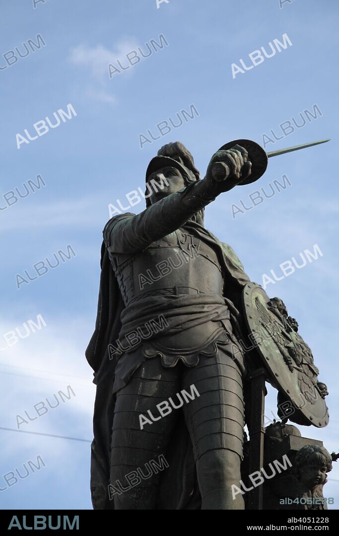 Suvorov Monument, St Petersburg, Russia, 2011. Detail. The monument, sculpted by Mikhail Kozlovsky in 1801, depicts Russian general Alexander Suvorov (1729-1800) as a youthful Mars, Roman god of war. In a military career lasting almost 60 years, Suvorov never lost a battle. In 1799-1800, during the War of the Second Coalition against France, he led a Russian army on an epic retreat across the Alps reminiscent of Hannibal.