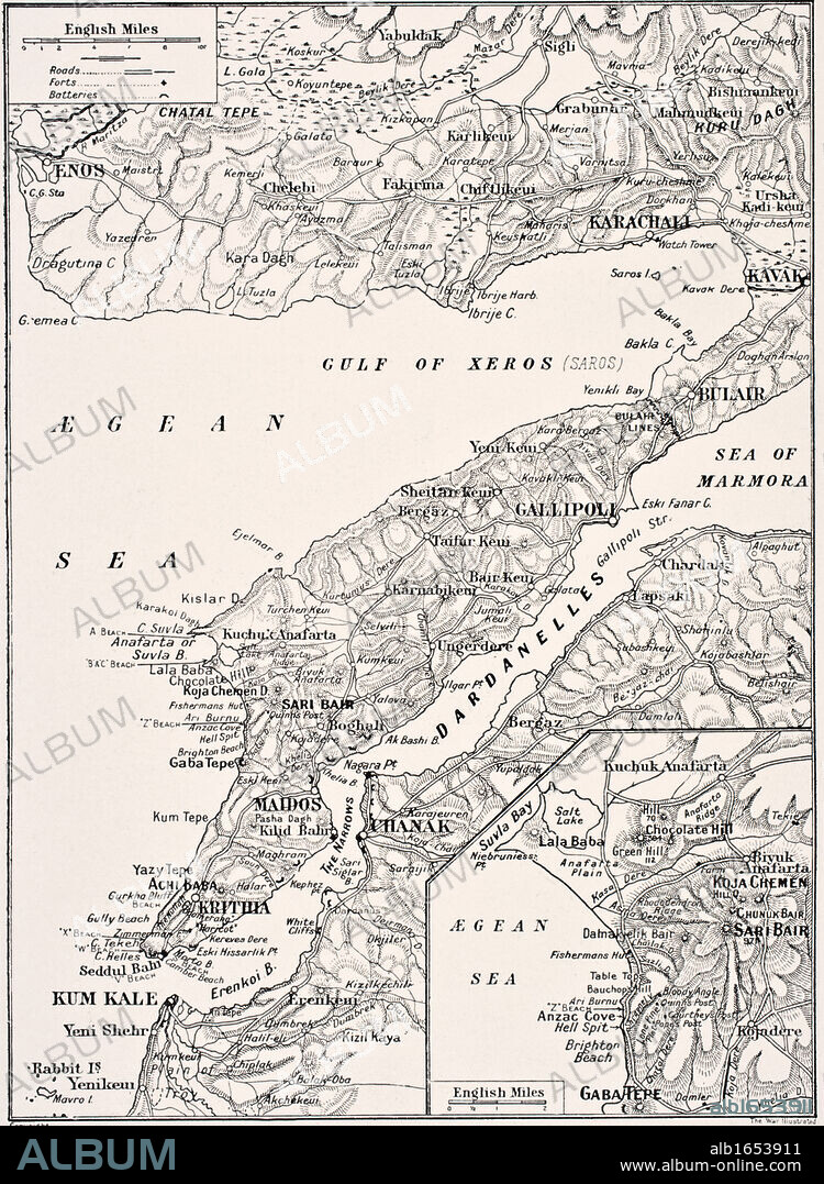 Detailed map of Gallipoli Peninsula and the Dardanelles Turkey in 1915 showing British and Allied landing beaches From The War Illustrated Album deLuxe published London 1916.