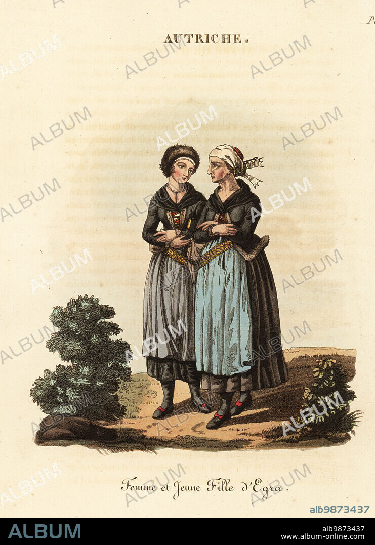 Woman and girl of Cheb or Eger, Bohemia (Czech Republic) in winter dress, 18th century. The woman in wool cap with muslin band, brown wool clothes, ornamented sash, shoes with red heels and trim. Girl in same but with fur cap. Femme et jeune fille d'Egra. Handcoloured copperplate engraving after an illustration by William Alexander from J-B. Eyries L'Autriche: Costumes, Moeurs et Usages des Autrichiens, Austria: Costumes, Manners and Mores of the Austrians, Librairie de Gide Fils, Paris, 1823. Jean-Baptiste Eyries (1767-1846) was a French geographer, author and translator.