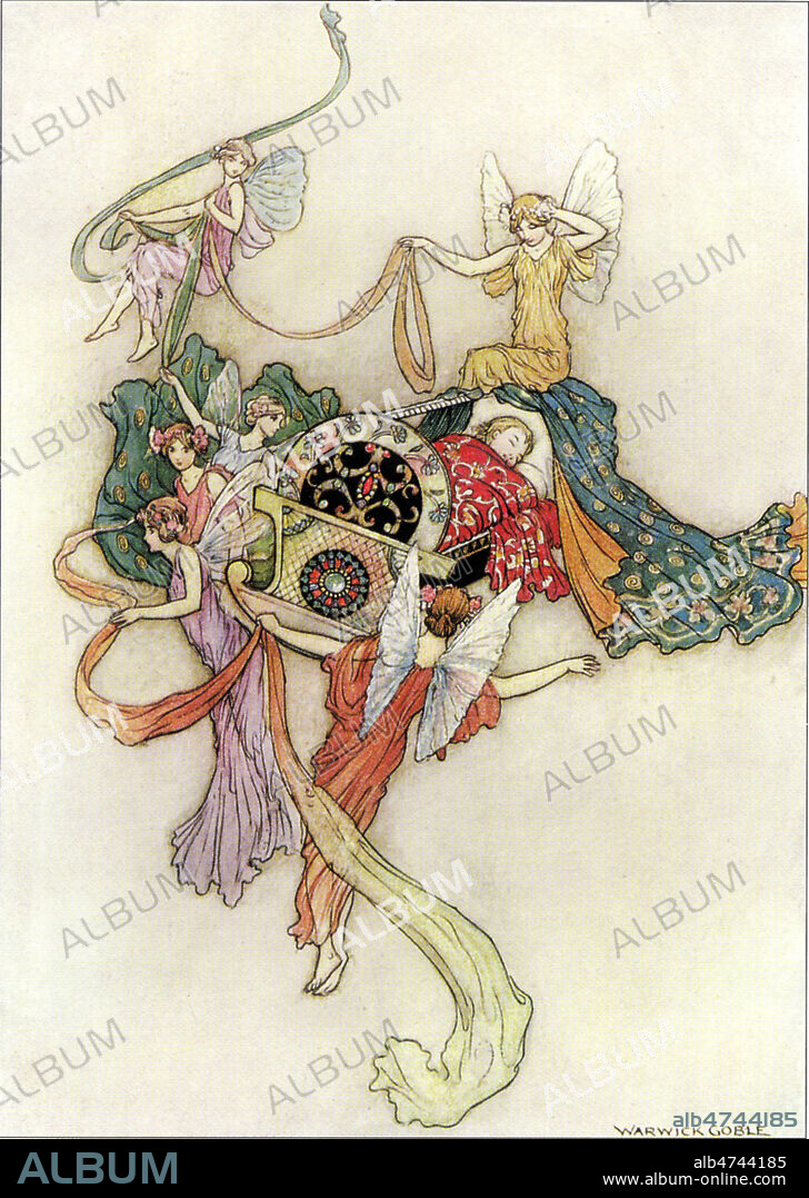 Des fees emportant un berceau avec un bebe endormi dedans. Le chat blanc. Illustration par Warwick GOBLE (1862-1943) pour des contes populaires en 1913. Credit : Jean Vigne/KHARBINE-TAPABOR.