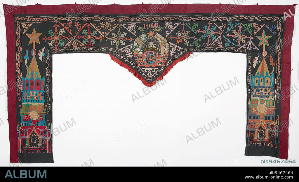 Tush kyiz (hanging), 1960, 74 1/2 x 133 7/16 in. (189.23 x 338.93 cm) (without hanging loops), Cotton, synthetic; embroidery, Kyrgyzstan, 20th century, These large wall panels were part of the interior decoration of many Kyrgyz homes and often reflected general social interests as well as the preferences of the maker. Patterning on older pieces often include abstract imagery associated with archaic motifs while many mid-twentieth century hangings are often patriotic statements that frequently include the area's enthusiasm for the cotton production that initially invigorated the economic development of the area. Commercial patterns were available and used by many women.