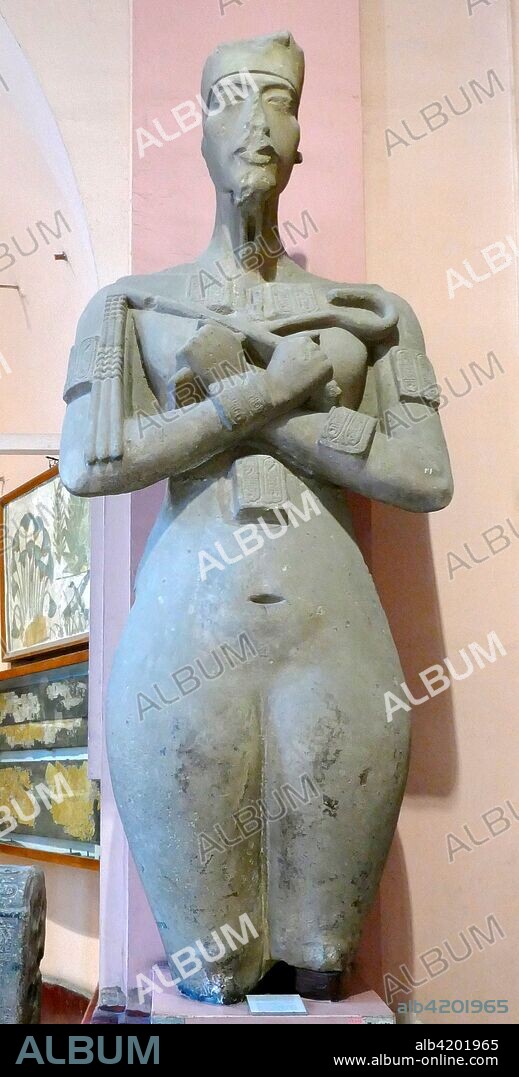 Statue of Nefertiti or Akhenaten 1350 BC. found in the Precinct of the Aten at Karnak. Sandstone. 18th Dynasty. Reign of Akhenaten (c. 1351-1334 BC). Part of a statue which was one of a series of colossi that once lined a colonnade in the Aten temple. erected by Akhenaten at the beginning of his reign at Kamak.