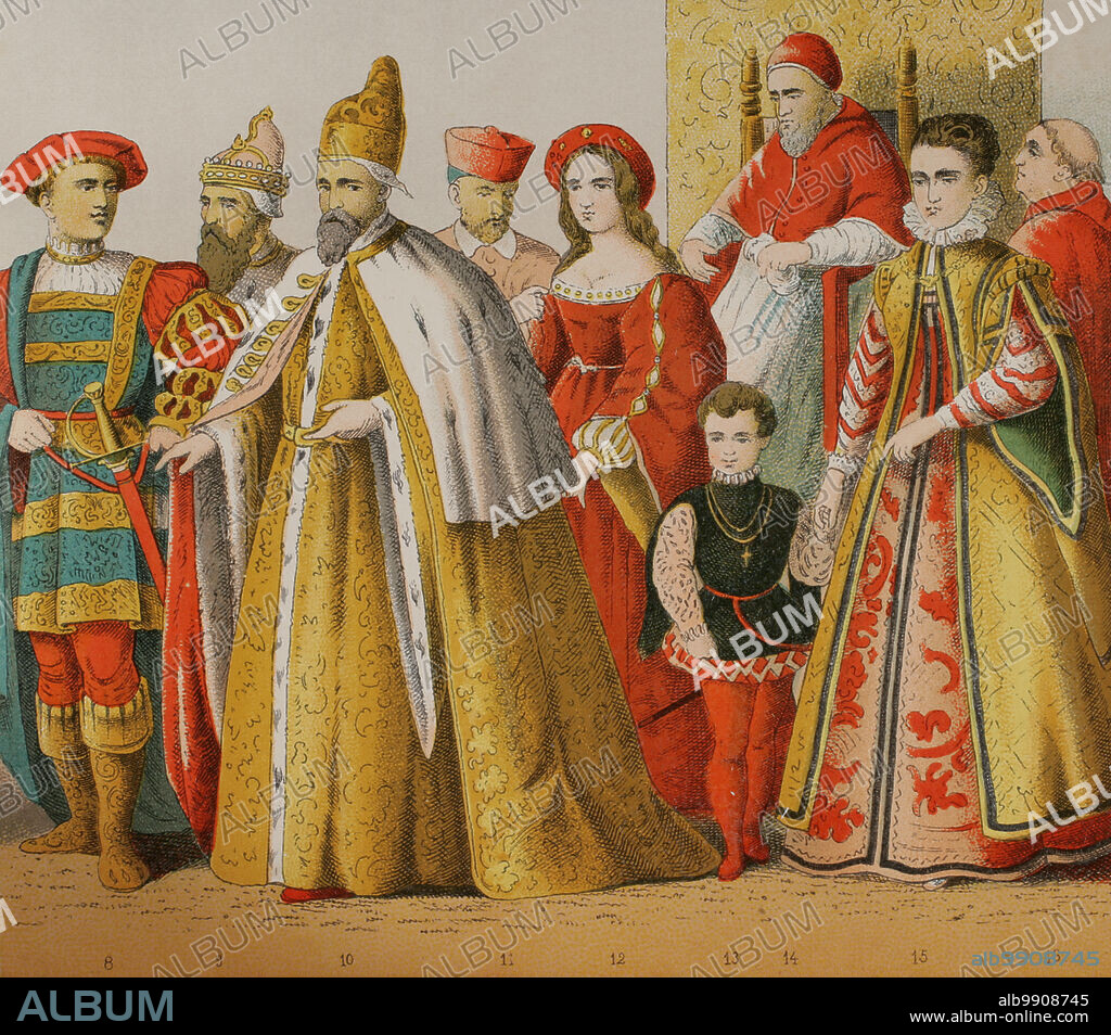 History of Italy. 1500. From left to right, 8: Venetian knight, 9-10: Doge of Venice, 11: cardinal, 12-13: high-class ladies, 14: Pope Julius II, 15: high-class lady, 16: cardinal. Chromolithography. "Historia Universal", by César Cantú. Volume VIII, 1881.