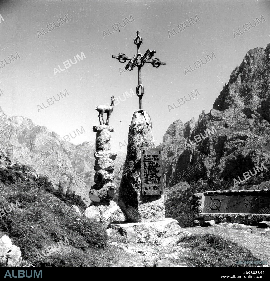 1960. Monument to J. Delgado Ubeda in the Picos de Europa.