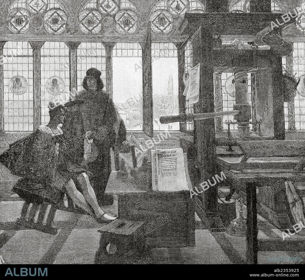 Aldus Pius Manutius o Aldo Manuzio (1449/50-1515). Humanista e impresor italiano, fundador de la Imprenta Aldina. "Grollier visitando la imprenta de Alce Manuce, en Venecia". Grabado por Yenetta. "El Mundo Ilustrado", 1880.
