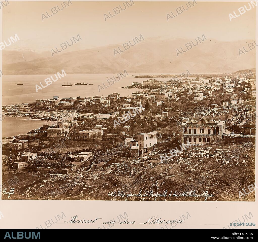 Félix Bonfils, Vue générale de Beyrouth et du Liban. Syrie, albumin paper, black and white positive process, image size: height: 22.30 cm; width: 28.00 cm, inscribed: recto: lower left edge of image copied in: Bonfils, bottom right-hand edge of the picture copied: 488 Vue générale de Beyrouth et du Liban. Syrie, lower part of the image carrier copied: Beirut with Lebanon; verso: in lead: F. Bonfils, travel photography, fjord, bay.