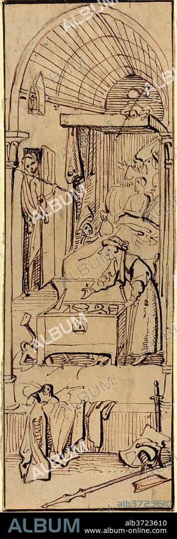 WILLIAM HENRY BROOKE AFTER HIERONYMUS BOSCH. The Death of the Miser. Dimensions: overall: 15.5 x 5.1 cm (6 1/8 x 2 in.). Medium: pen and brown ink.