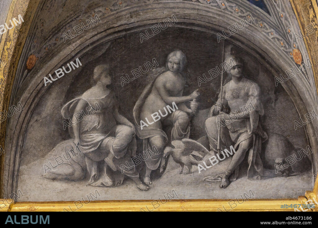 Ferrara, Palazzo Costabili or Palazzo di Ludovico il Moro (today it is the seat of the National Archaeological of Spina), Aula Costabiliana o Hall of the Treasure, vault, XVI century frescoes by Benvenuto Tisi, known as il Garofalo: detail of one of the lunettes that represent the myth of Eros and Anteros, a literary work by the humanist Celio Calcagnini, a close friend of Costabili, who chose his work to inspire Garofalo and his collaborators.