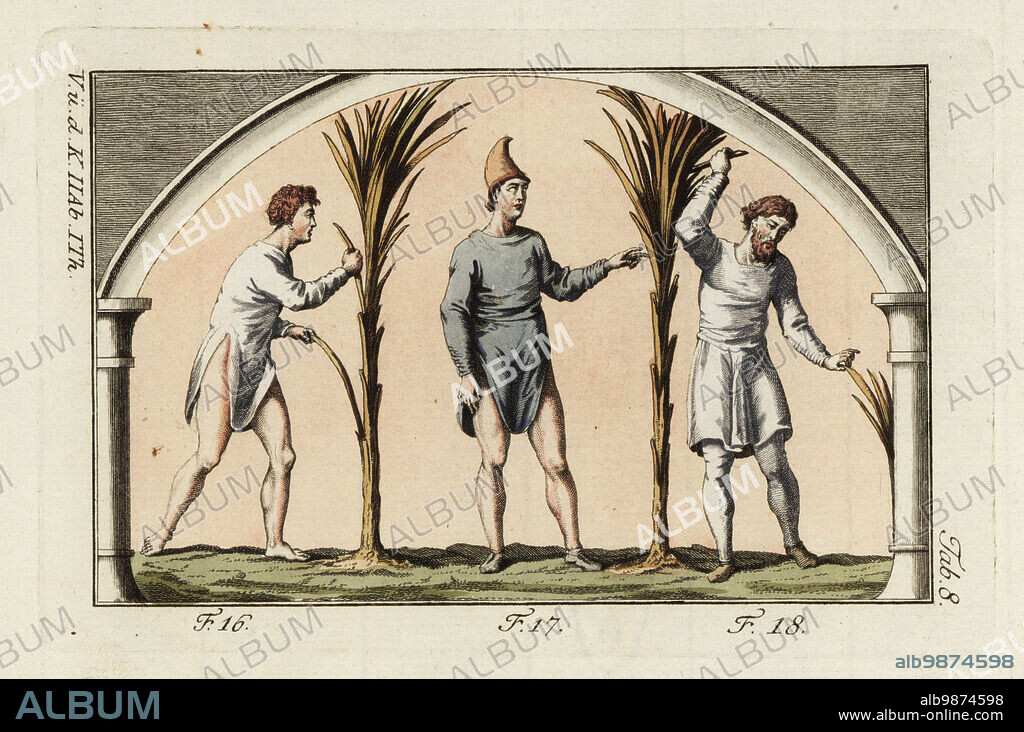Anglo-Saxon labourer and farmers. Laborer (or slave) in simple open tunica without a belt (16), a farmer (or free man) in tunica and Phrygian hat (17) and a high-rank farmer in knee-length tunica and leggings (18). Handcolored copperplate engraving from Robert von Spalart's Historical Picture of the Costumes of the Principal People of Antiquity and Middle Ages, Vienna, 1796.