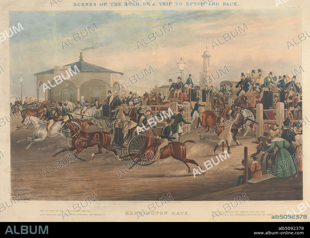 Scenes on the Road, or a Trip to Epsom and Back, Kennington Gate, John Harris, 18111865, British, after James Pollard, 17921867, British, 1838, Aquatint, hand-colored.