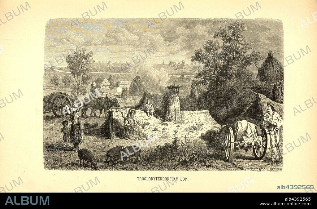 Troglodytendorf am Lom, Erdhöhlenbewohner on the river Lom in Bulgaria, Signed: HKaesberg X.J, Fig. 17, p. 84, Käseberg, Hugo (del.), 1879, F. Kanitz: Donau-Bulgarien und der Balkan: historisch-geographisch-ethnographische Reisestudien aus den Jahren 1860-1879. Leipzig: Verlagsbuchhandlung von Hermann Fries, 1879-1880.