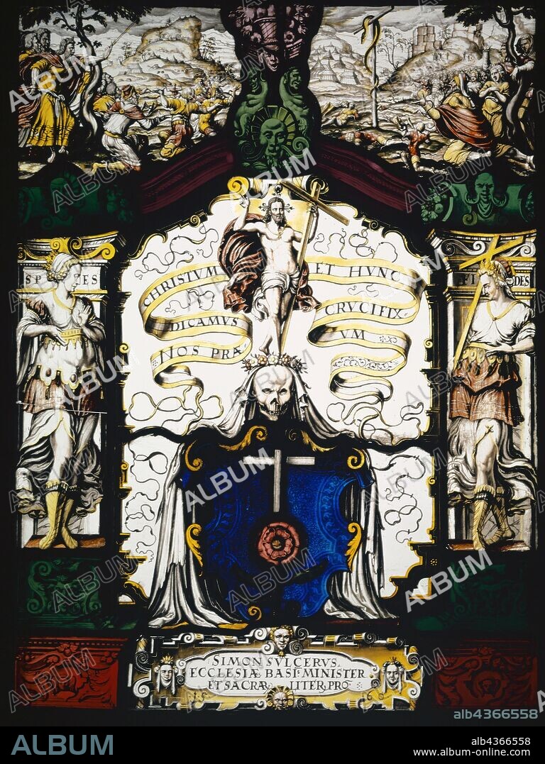 Coat of Arms of the Basel Theology Professor Simon Sulzer, 1560, stained glass, 42.5 x 31.5 cm |, 31.3 x 42.5 x 2 cm, unsigned, but dated., In the scroll cartridge in the base: SIMON SVLCERVS ECCLESIÆ BASI [liensi] s MINISTER ET SACRAR [UM] LITER [ARVM] PRO [FESSOR] • 1 • 5 • 6 • 0 •, in the script of the middle picture:, NOS PRÆDICAMVS CHRISTVM, ET HVNC CRUCIFIXVM, Name of the two allegorical standing figures: SPES, FIDES, Ludwig Ringler, Basel 1536–1606 Basel.