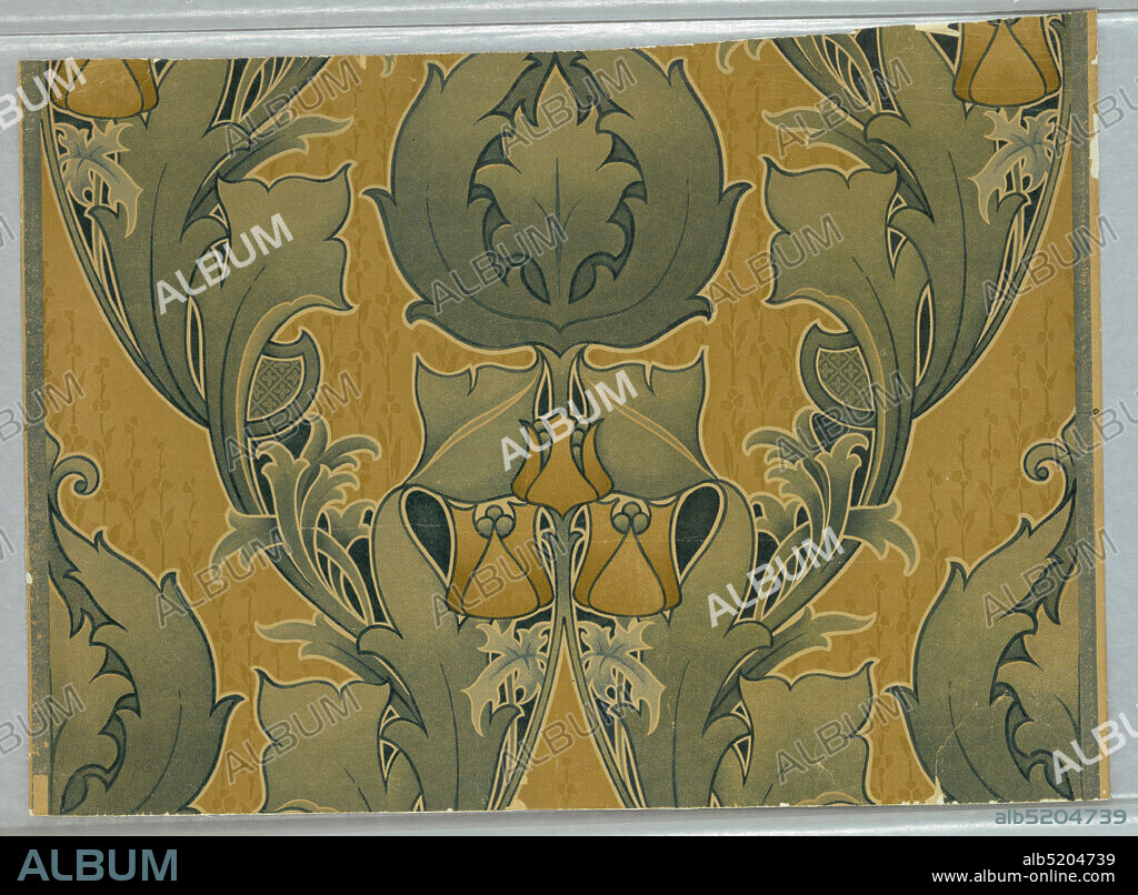 Sidewall, Machine-printed on paper, Foliate design in art nouveau style. Large green leaves, on brownish yellow ground. At the center of the major motif are three stylized blossoms in brownish yellow. Drop match., USA, ca. 1900, Wallcoverings, Sidewall.