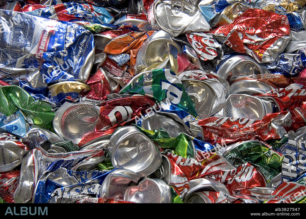 Crushed aluminum cans at a recycling facility in Boise, Idaho.